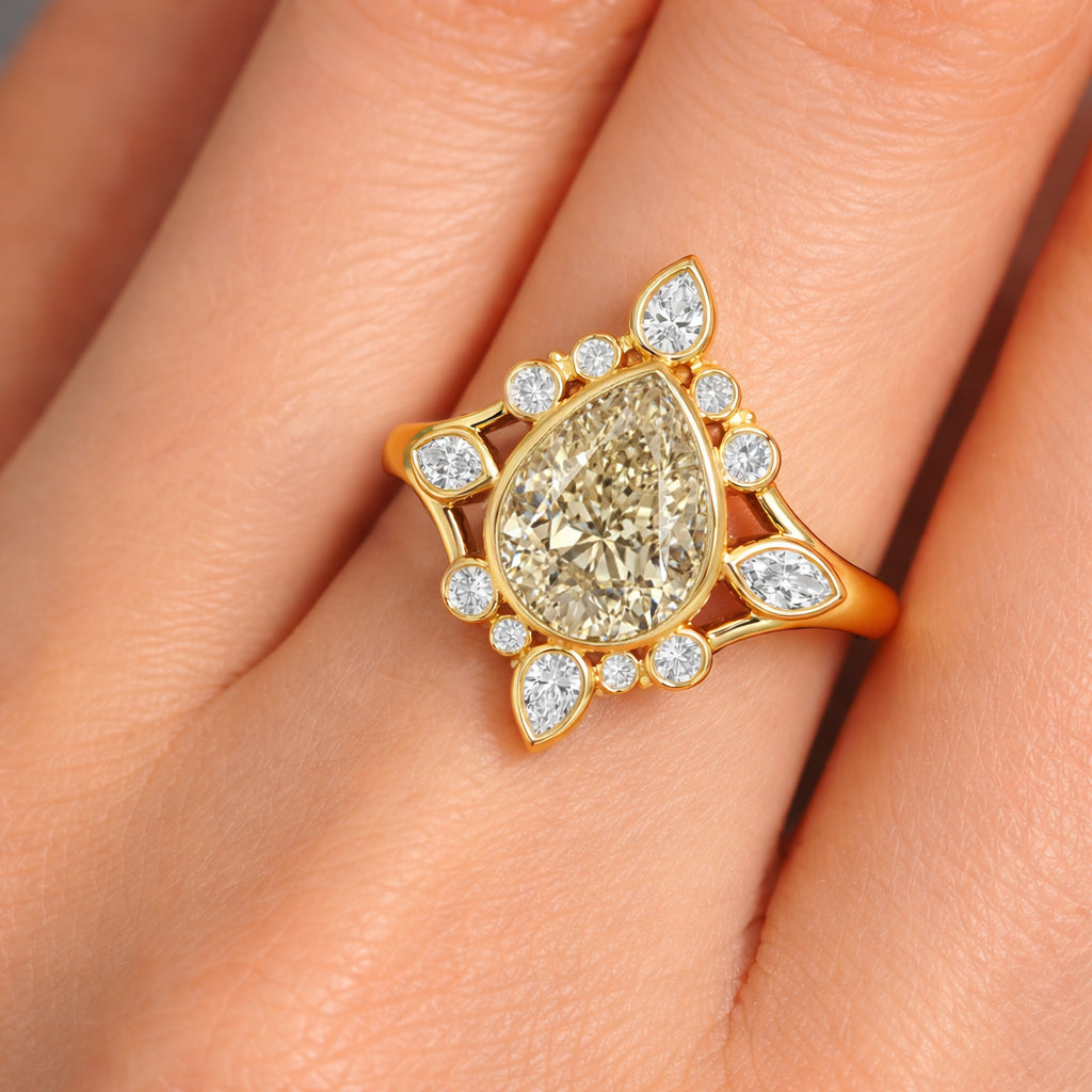 Vintage Inspired 14k Gold Tiana Ring with 3ct Champagne Pear Cut Diamond