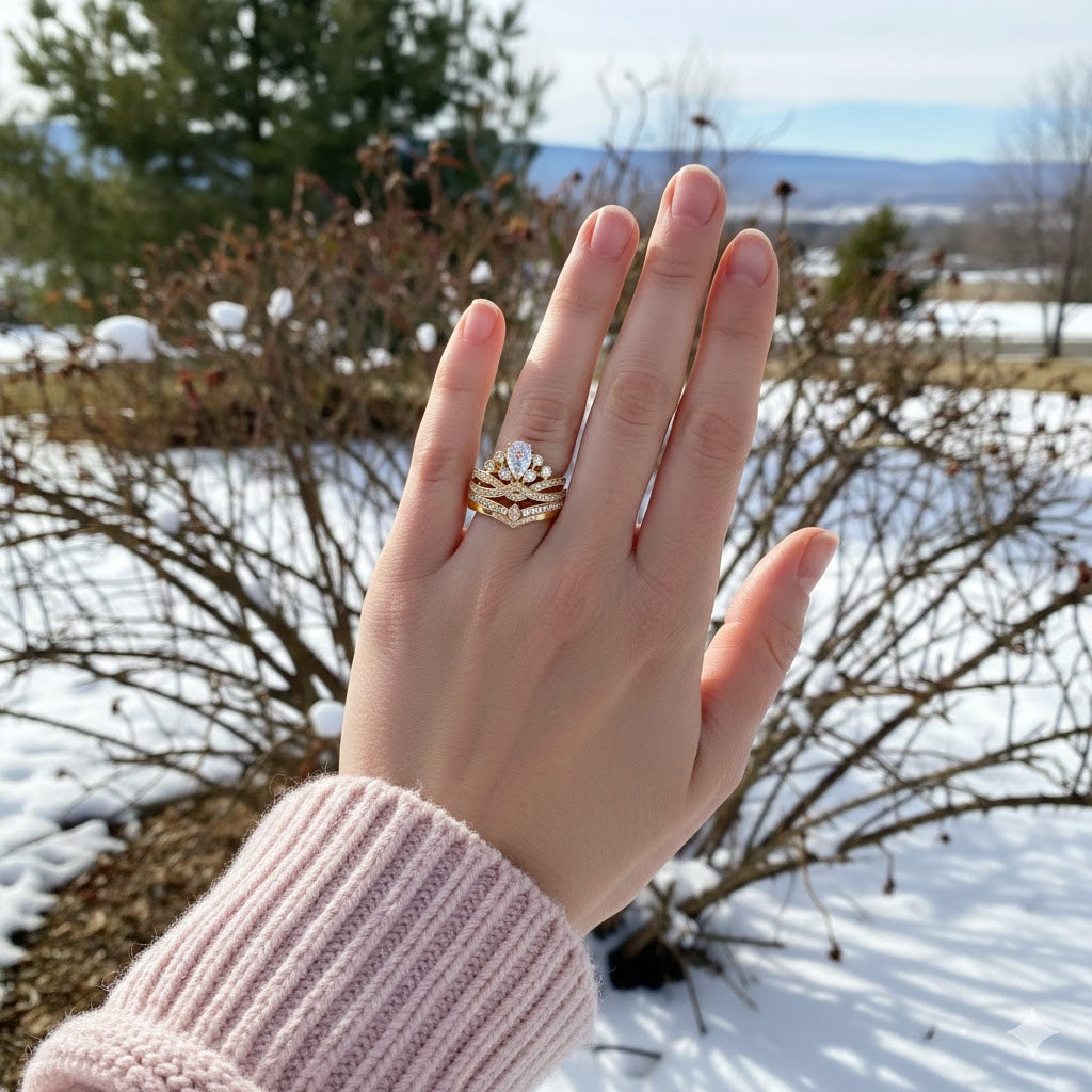 14k White Gold Tiara Engagement Ring with Pear Cut Diamond