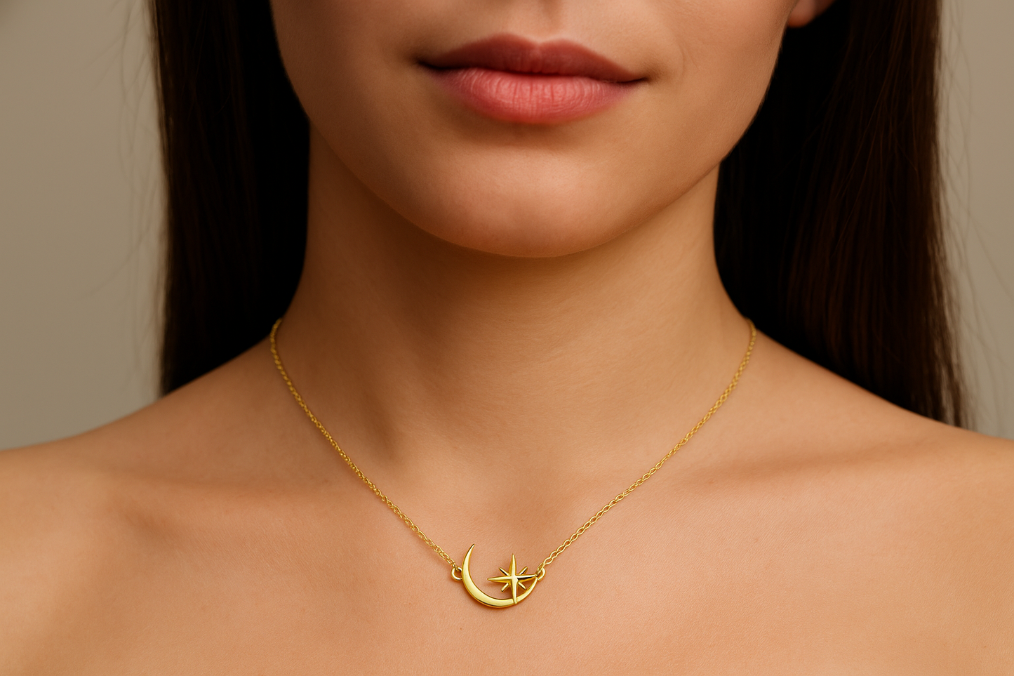 14K Yellow Crescent Moon & Star Necklace 16-18"