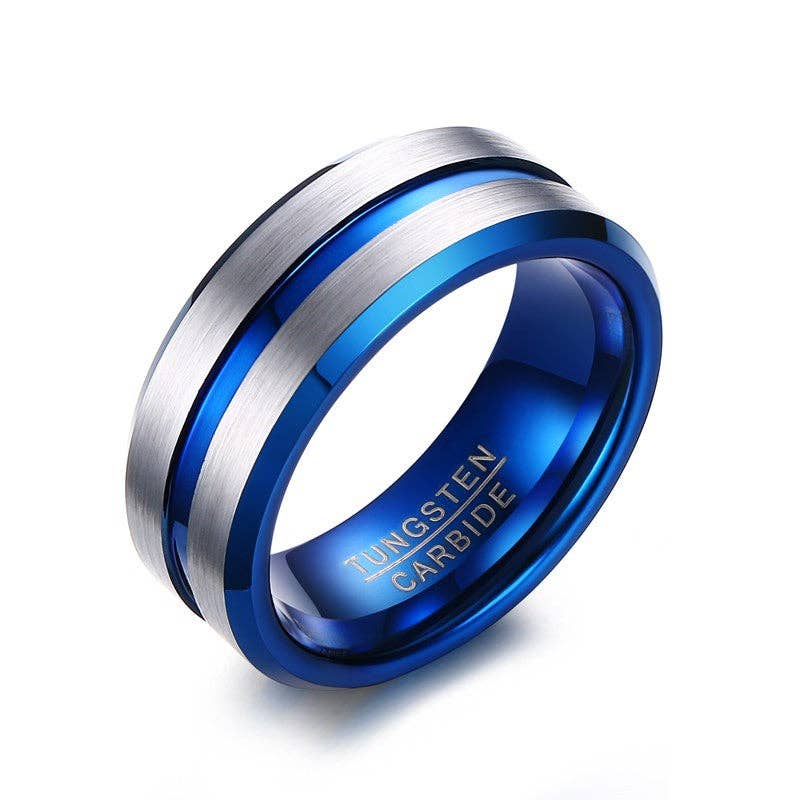 Silver + Blue Classic Minimalist 8mm Stacking Band Ring in Tungsten Steel