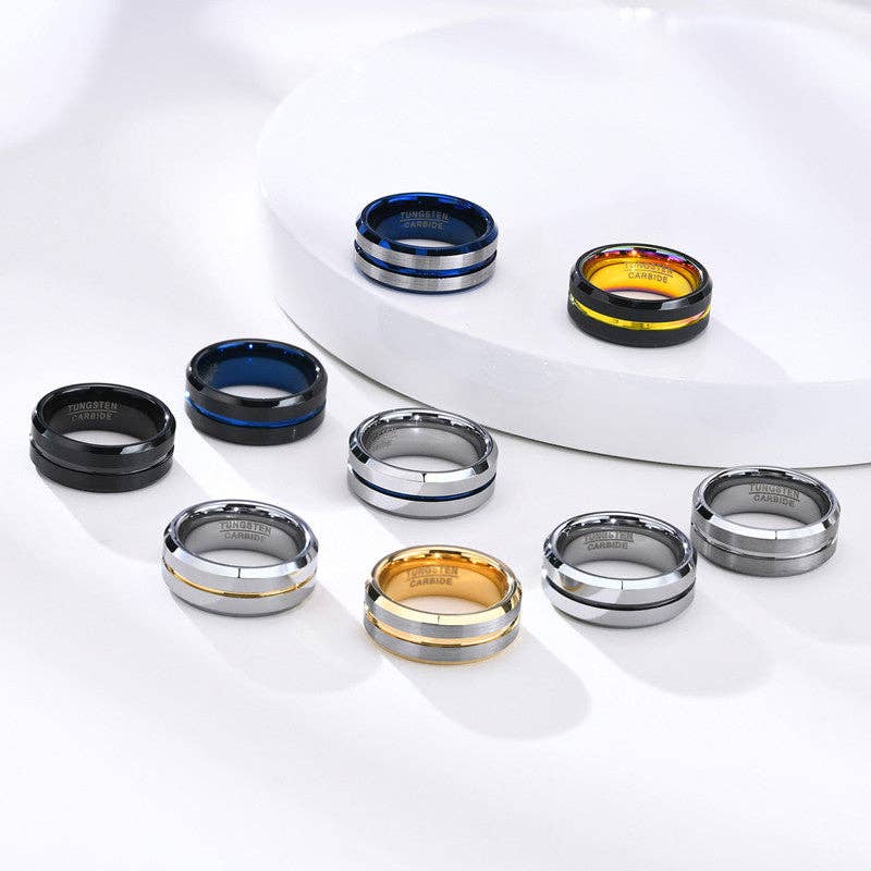 Black + Blue Classic Minimalist 8mm Stacking Band Ring in Tungsten Steel