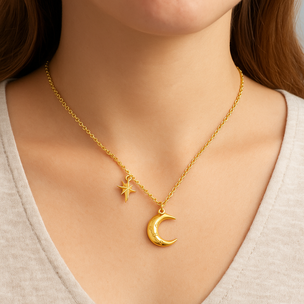 14K Yellow Crescent Moon & Star 18" Necklace