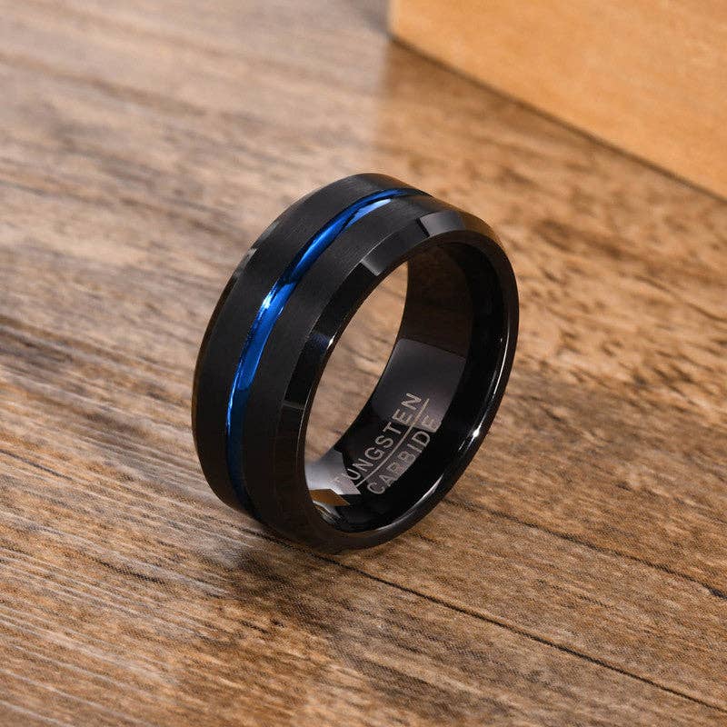 Silver + Blue Classic Minimalist 8mm Stacking Band Ring in Tungsten Steel