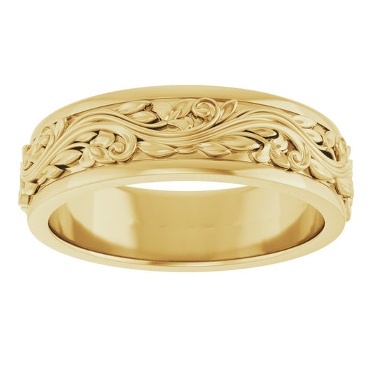 14k Yellow Gold Floral Inlay Wedding Band