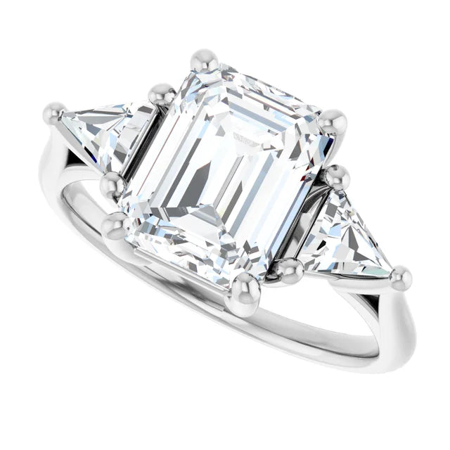 14k White Gold 3.20ctw Emerald or Radiant Lab Diamond Three Stone Ring