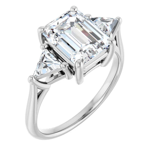 14k White Gold 3.20ctw Emerald or Radiant Lab Diamond Three Stone Ring