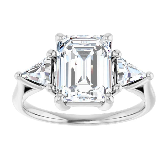 14k White Gold 3.20ctw Emerald or Radiant Lab Diamond Three Stone Ring