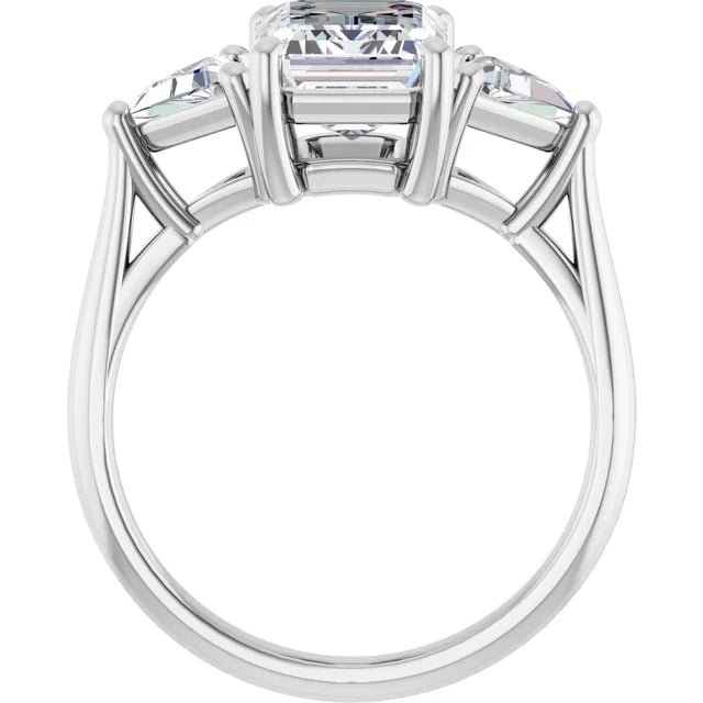 14k White Gold 3.20ctw Emerald or Radiant Lab Diamond Three Stone Ring