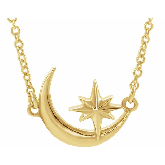 14K Yellow Crescent Moon & Star Necklace 16-18"