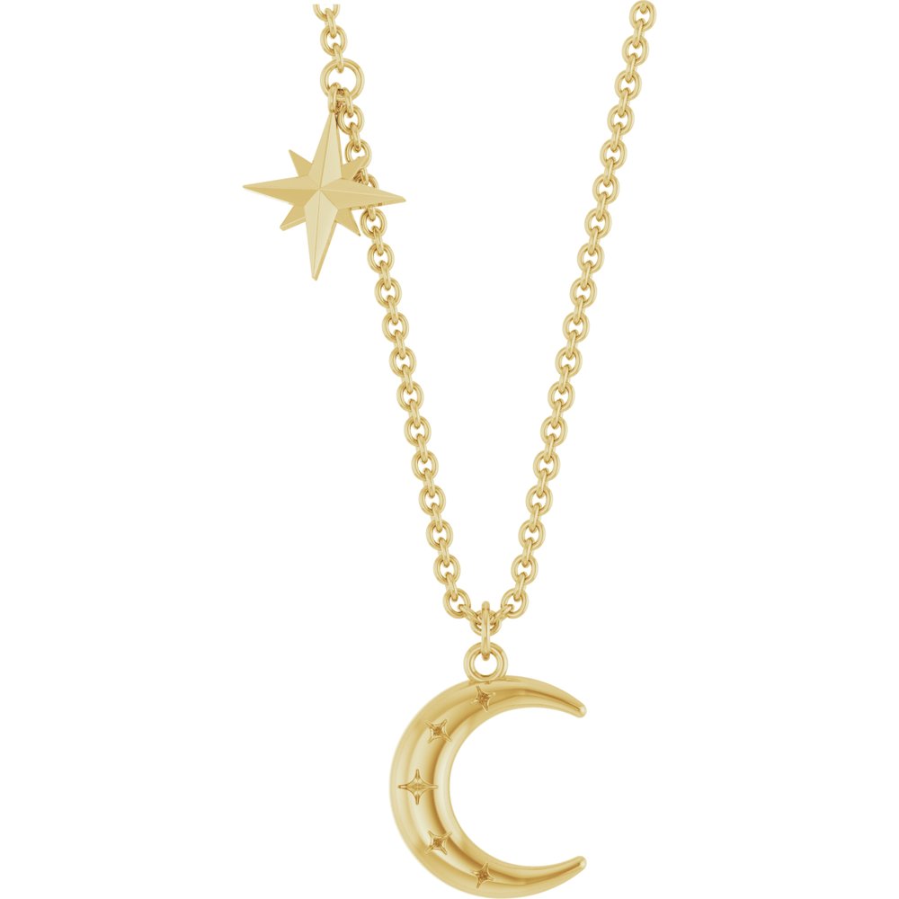 14K Yellow Crescent Moon & Star 18" Necklace