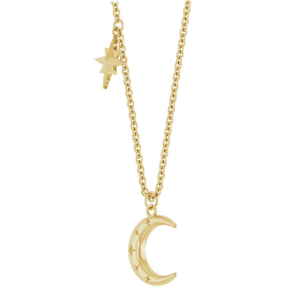 14K Yellow Crescent Moon & Star 18" Necklace