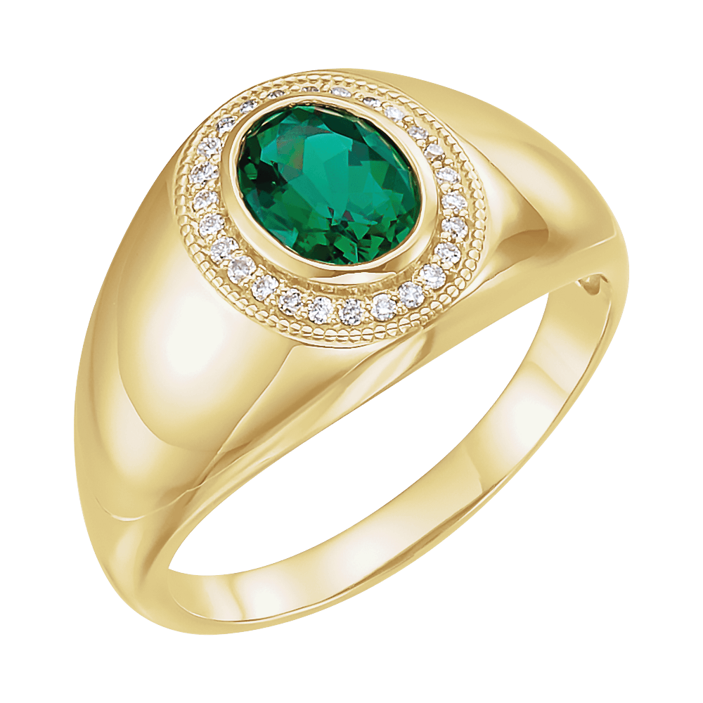 14K Yellow Gold Emerald & Diamond Halo Signet Ring
