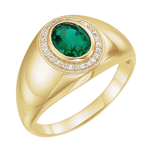 14K Yellow Gold Emerald & Diamond Halo Signet Ring