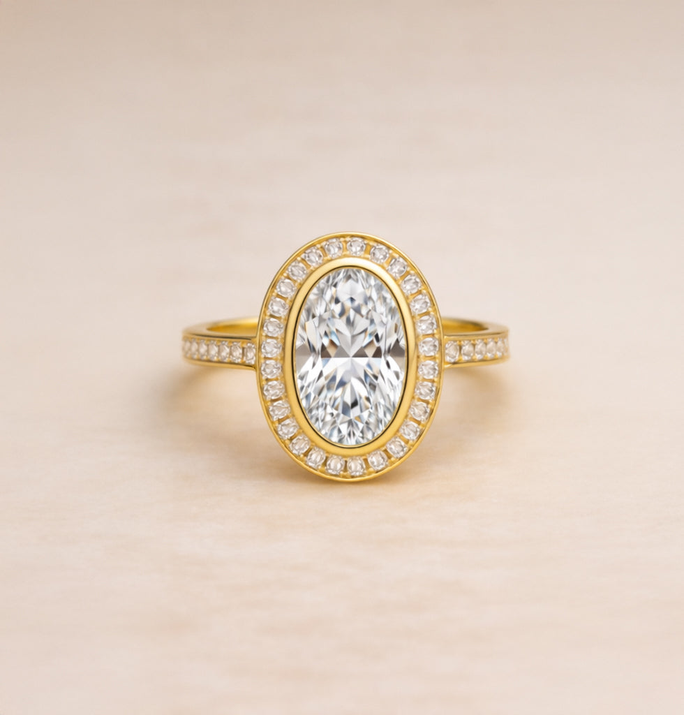 14k Gold Halo Engagement Ring with 3ct Oval Diamond in Bezel Setting
