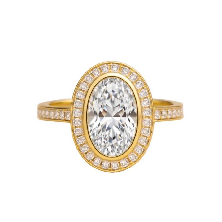 14k Gold Halo Engagement Ring with 3ct Oval Diamond in Bezel Setting