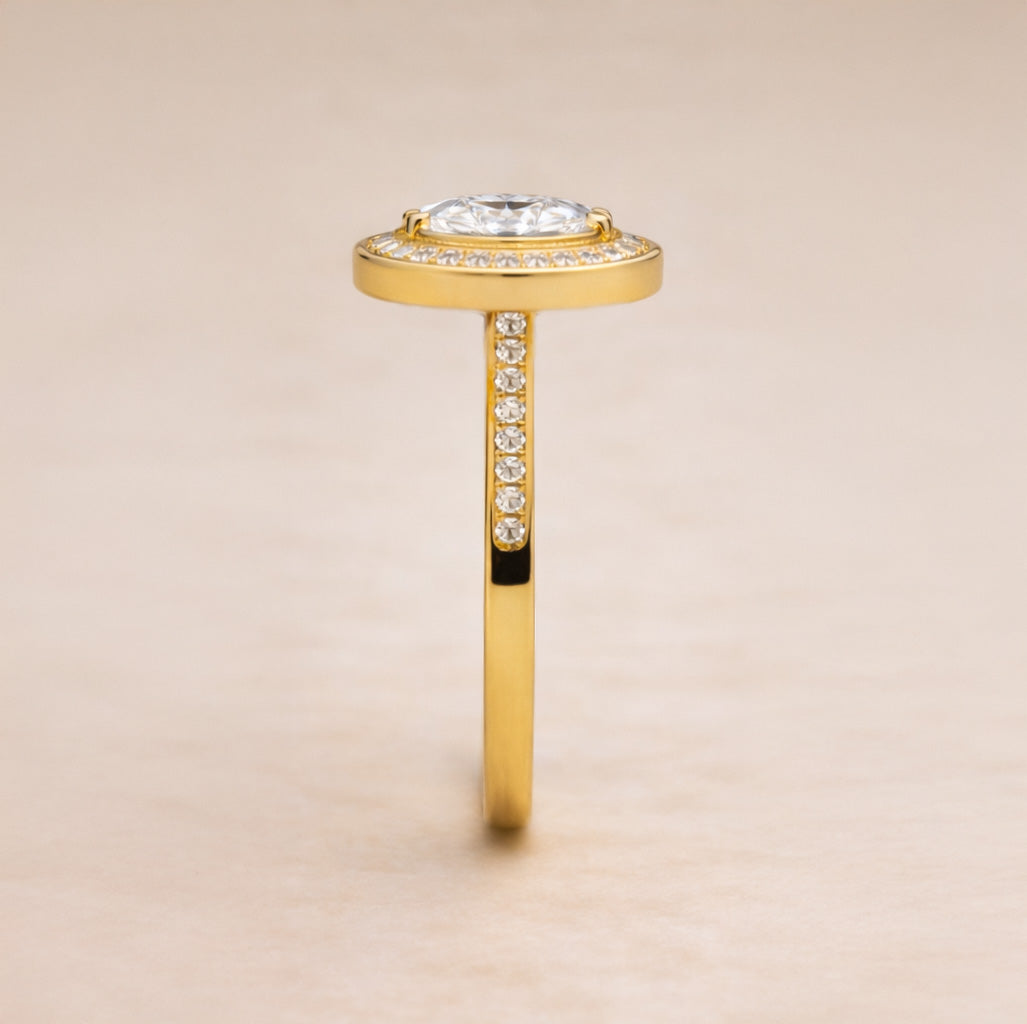 14k Gold Halo Engagement Ring with 3ct Oval Diamond in Bezel Setting