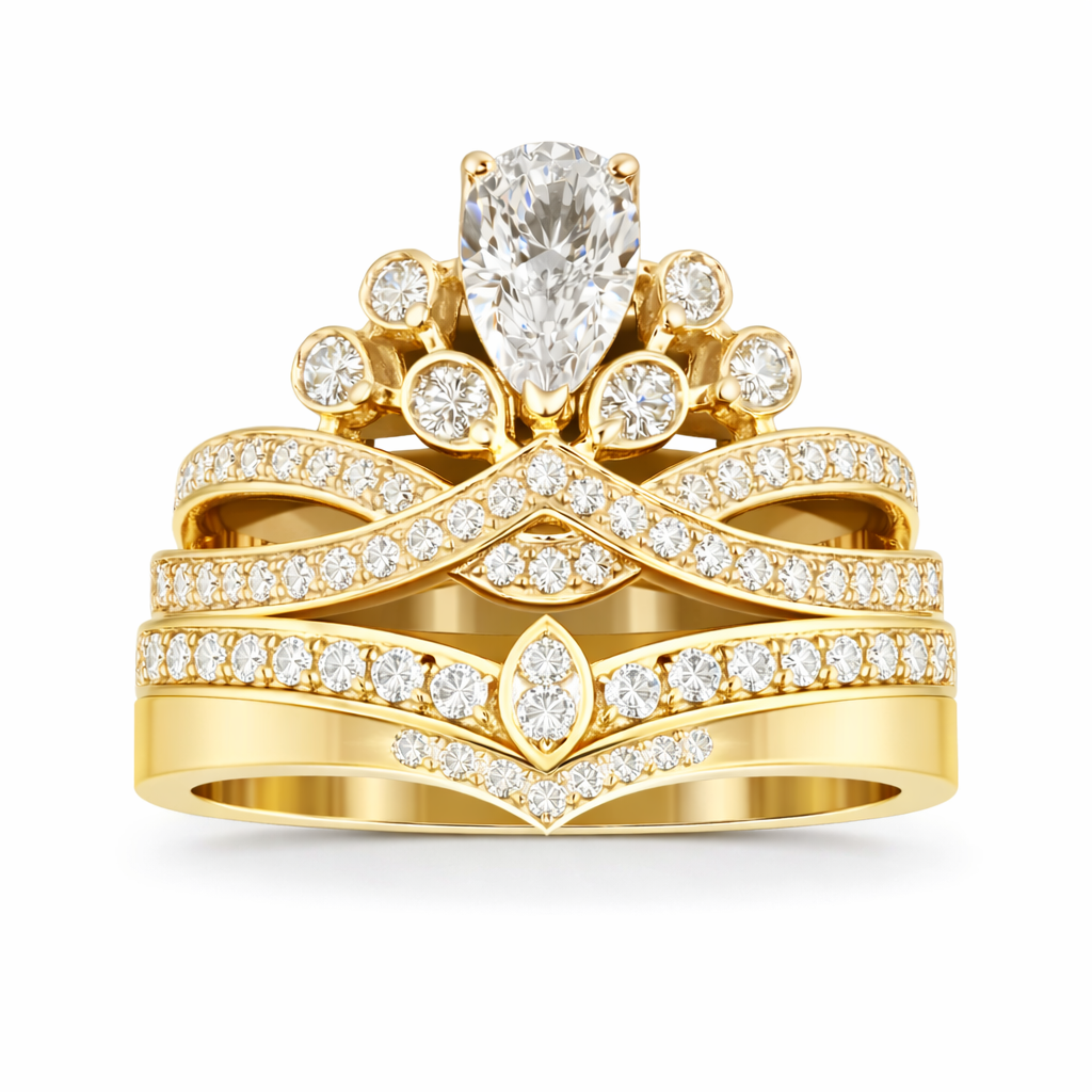 14k White Gold Tiara Engagement Ring with Pear Cut Diamond