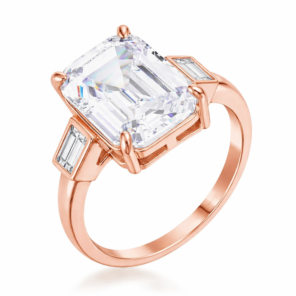 14k White Gold 7.5ct Emerald Cut Lab Diamond Engagement Ring with Baguettes