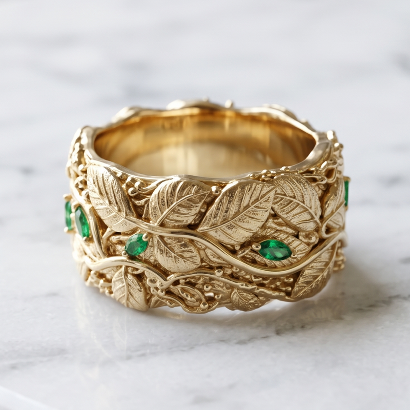 Custom 14k gold men's ring with leaves and vines with a nature inspired band and emeralds as leaves on the vine. Custom men's wedding band designed in Lynchburg, Virginia.