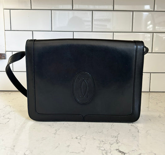 Vintage Cartier Black Leather Crossbody Purse EXCELLENT Condition
