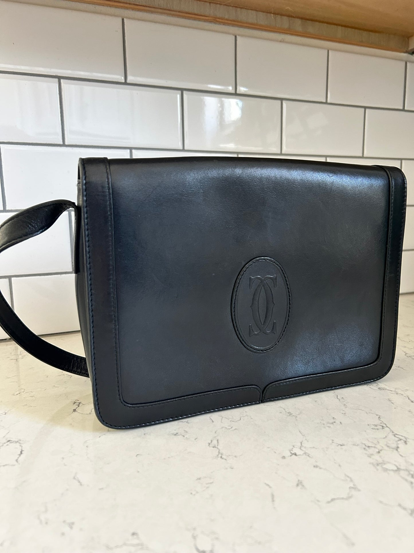 Vintage Cartier Black Leather Crossbody Purse EXCELLENT Condition