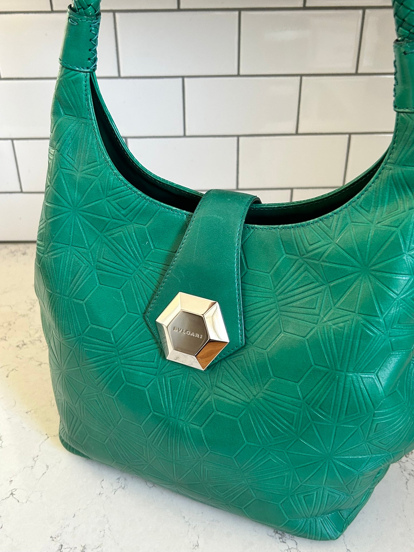 RARE Bulgari x Matthew Williamson Geometric Green Leather Shoulder Bag