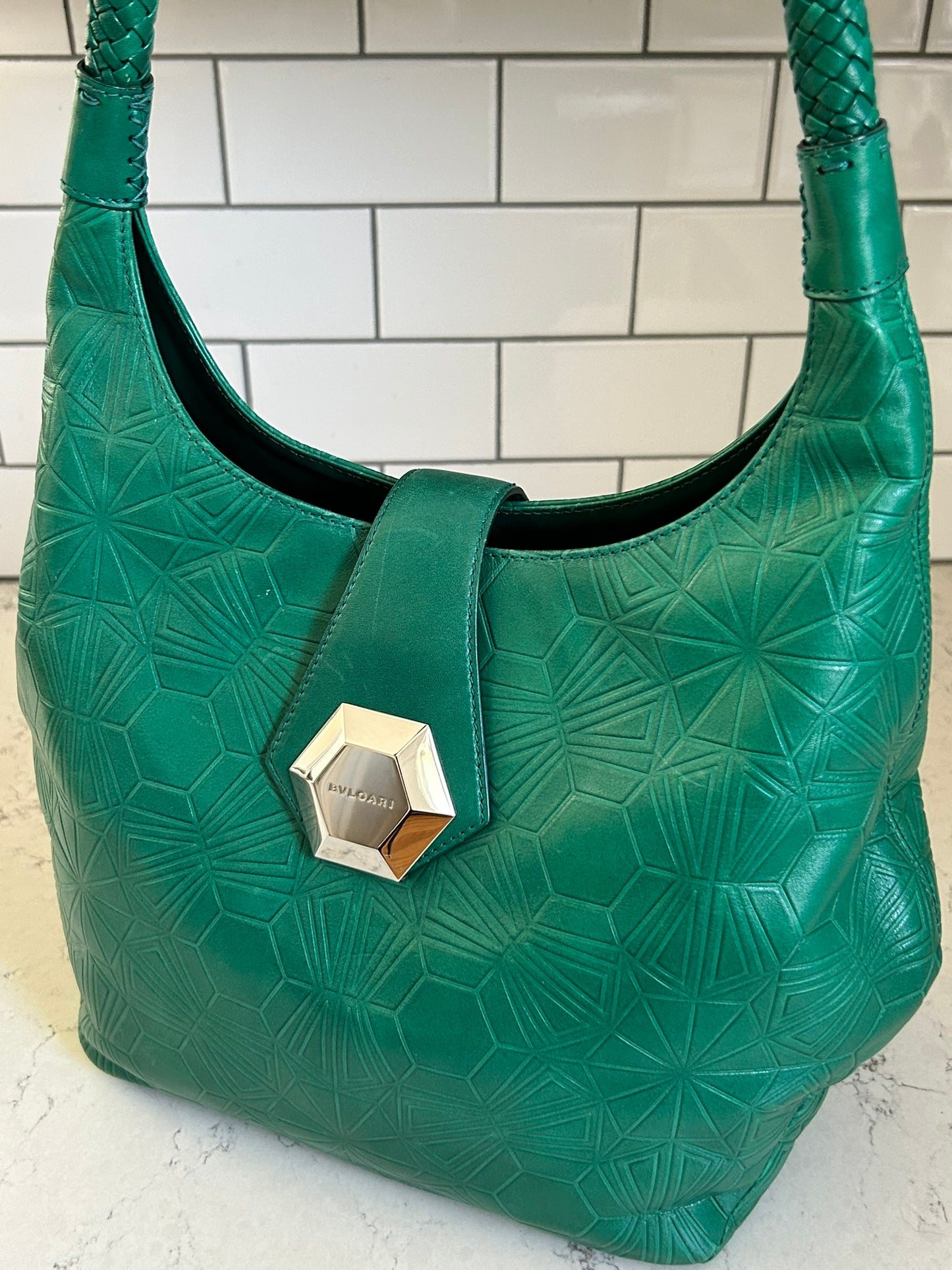 RARE Bulgari x Matthew Williamson Geometric Green Leather Shoulder Bag