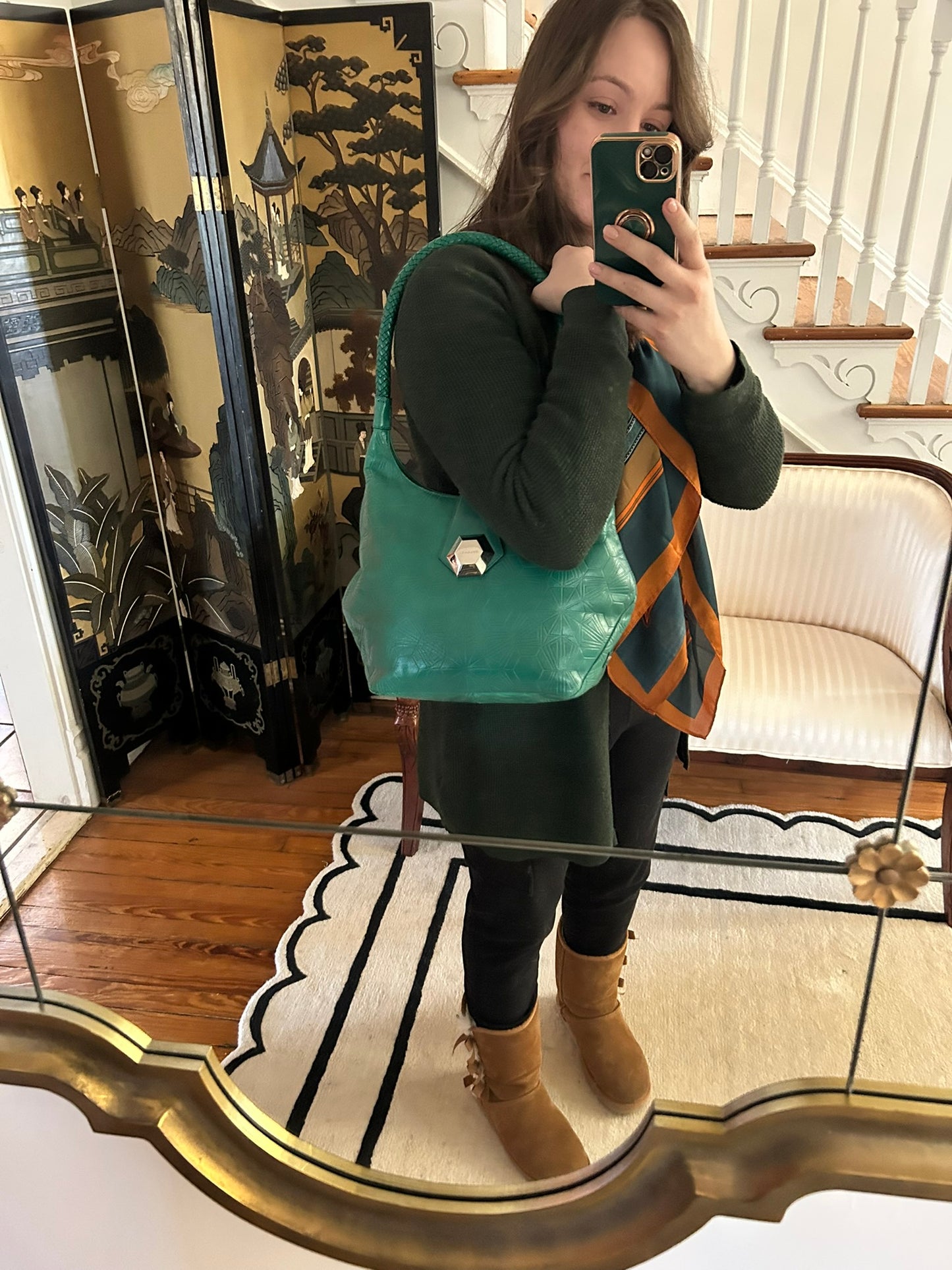 RARE Bulgari x Matthew Williamson Geometric Green Leather Shoulder Bag