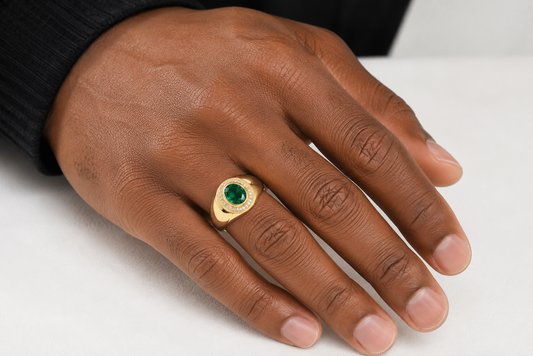 14K Yellow Gold Emerald & Diamond Halo Signet Ring