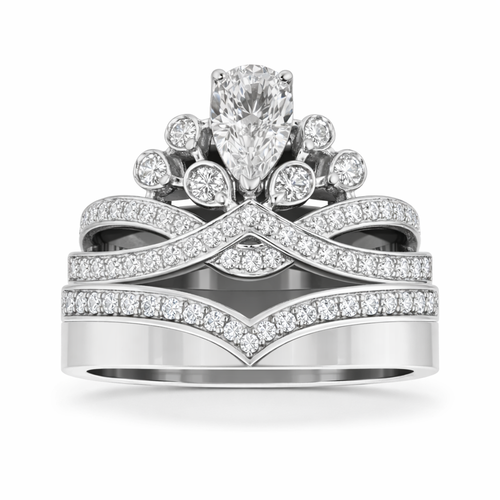 14k White Gold Tiara Engagement Ring with Pear Cut Diamond