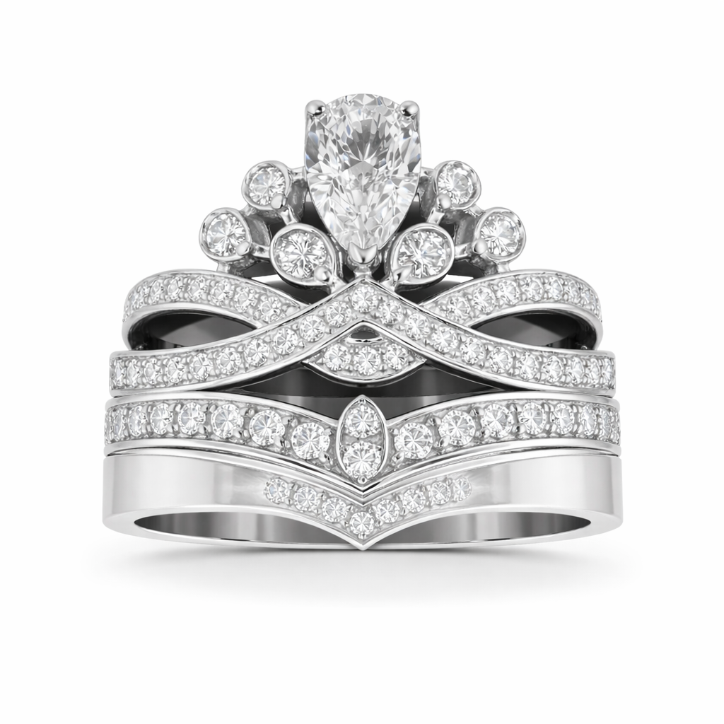 14k White Gold Tiara Engagement Ring with Pear Cut Diamond
