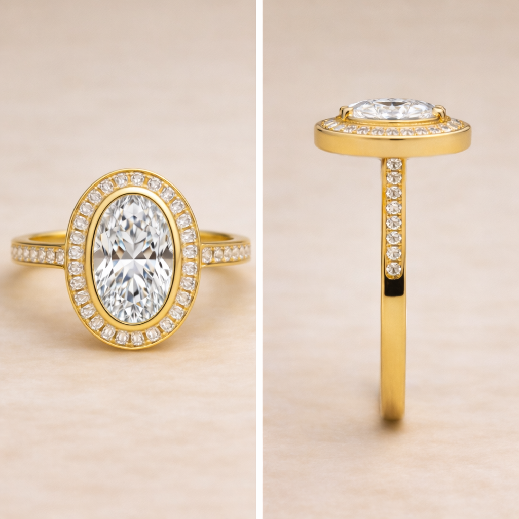 14k Gold Halo Engagement Ring with 3ct Oval Diamond in Bezel Setting