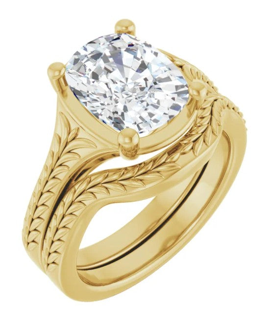 3ct Elongated Cushion Cut Engagement Ring with Wheat Engravings 14k Yellow Gold