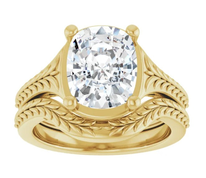 3ct Elongated Cushion Cut Engagement Ring with Wheat Engravings 14k Yellow Gold