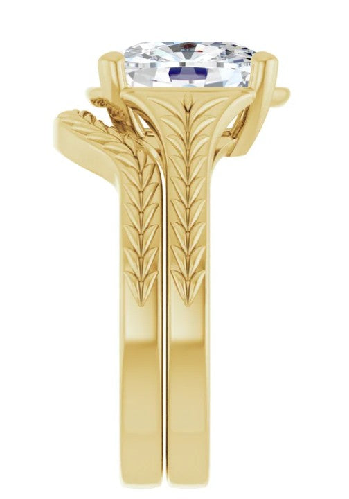 3ct Elongated Cushion Cut Engagement Ring with Wheat Engravings 14k Yellow Gold