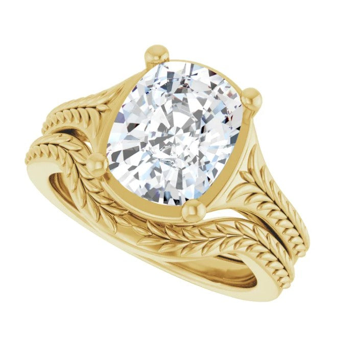 3ct Elongated Cushion Cut Engagement Ring with Wheat Engravings 14k Yellow Gold