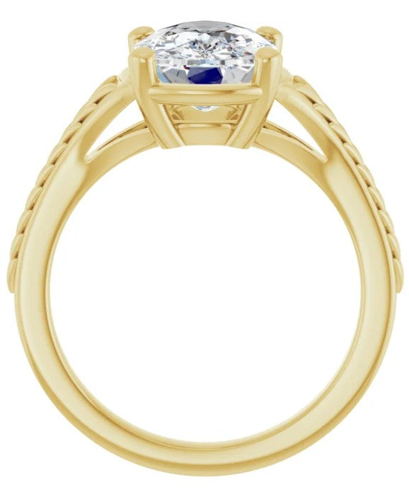 3ct Elongated Cushion Cut Engagement Ring with Wheat Engravings 14k Yellow Gold