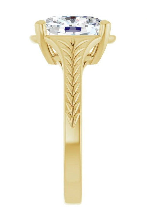 3ct Elongated Cushion Cut Engagement Ring with Wheat Engravings 14k Yellow Gold