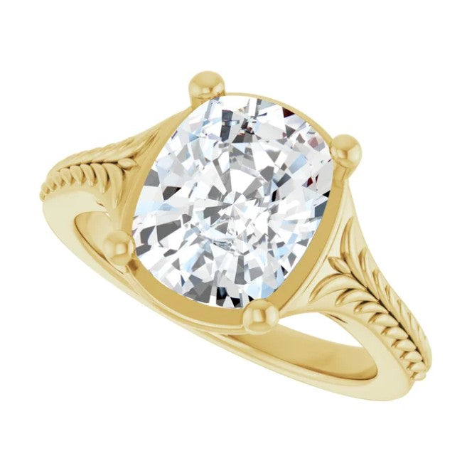 3ct Elongated Cushion Cut Engagement Ring with Wheat Engravings 14k Yellow Gold