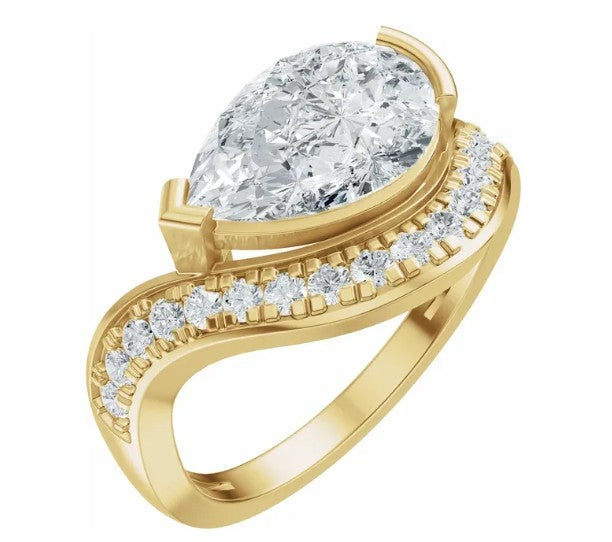 14k Gold Comtemporary Wave Ring with 3tcw Pear Cut Diamond