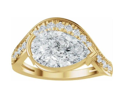 14k Gold Comtemporary Wave Ring with 3tcw Pear Cut Diamond