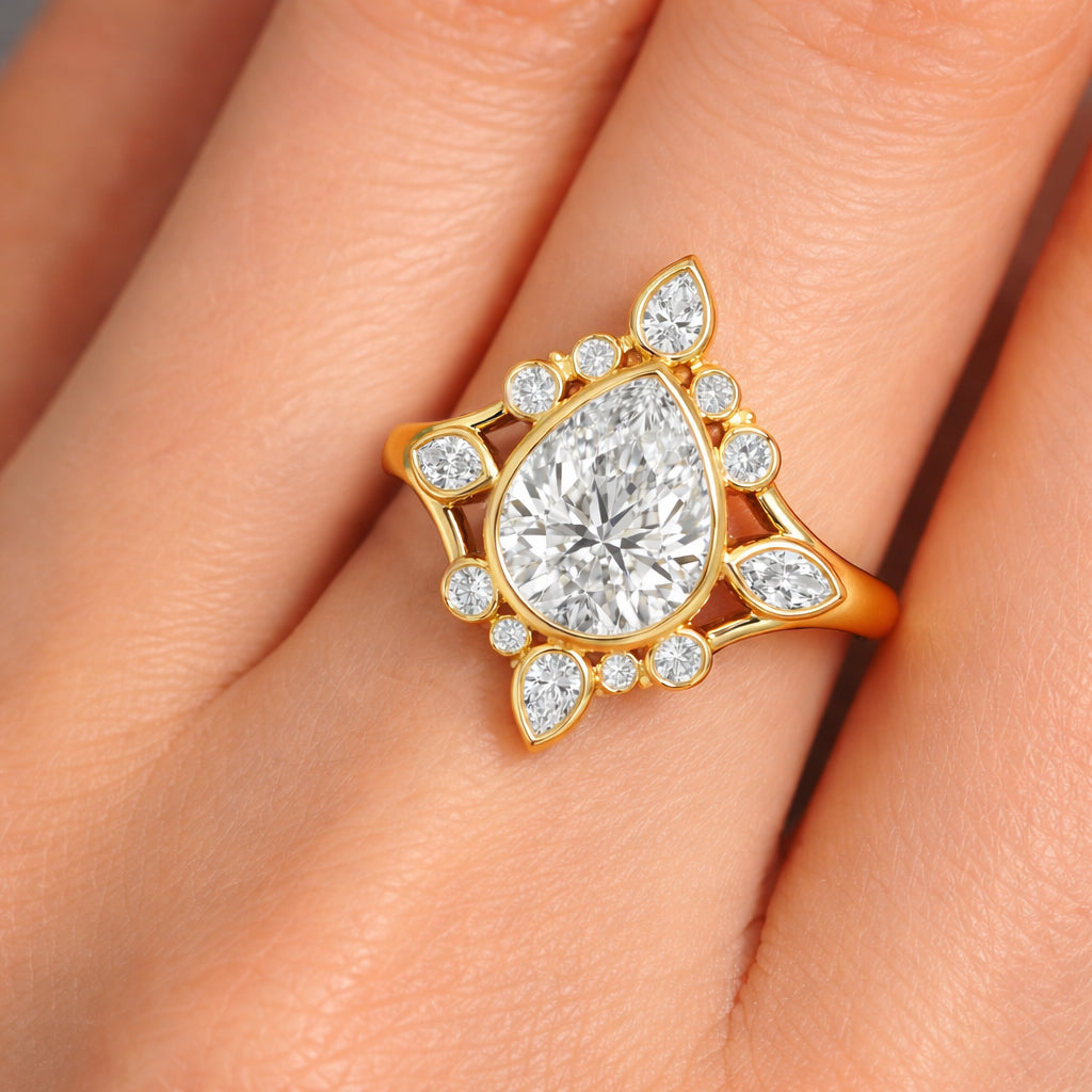 Vintage Inspired 14k Gold Tiana Ring with 3ct Champagne Pear Cut Diamond