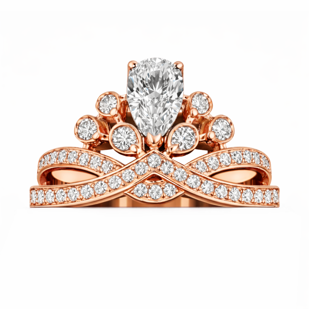 14k White Gold Tiara Engagement Ring with Pear Cut Diamond