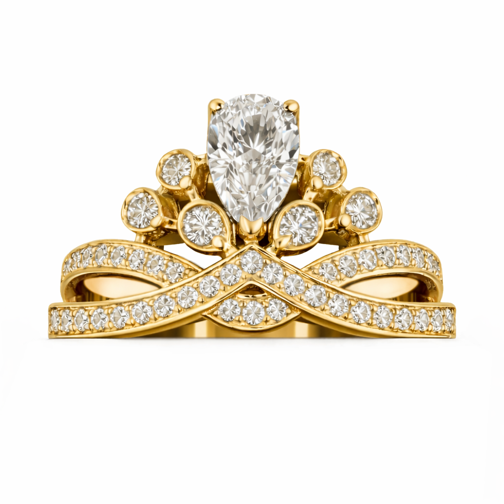 14k White Gold Tiara Engagement Ring with Pear Cut Diamond