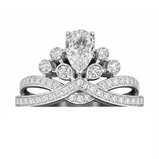 14k White Gold Tiara Engagement Ring with Pear Cut Diamond