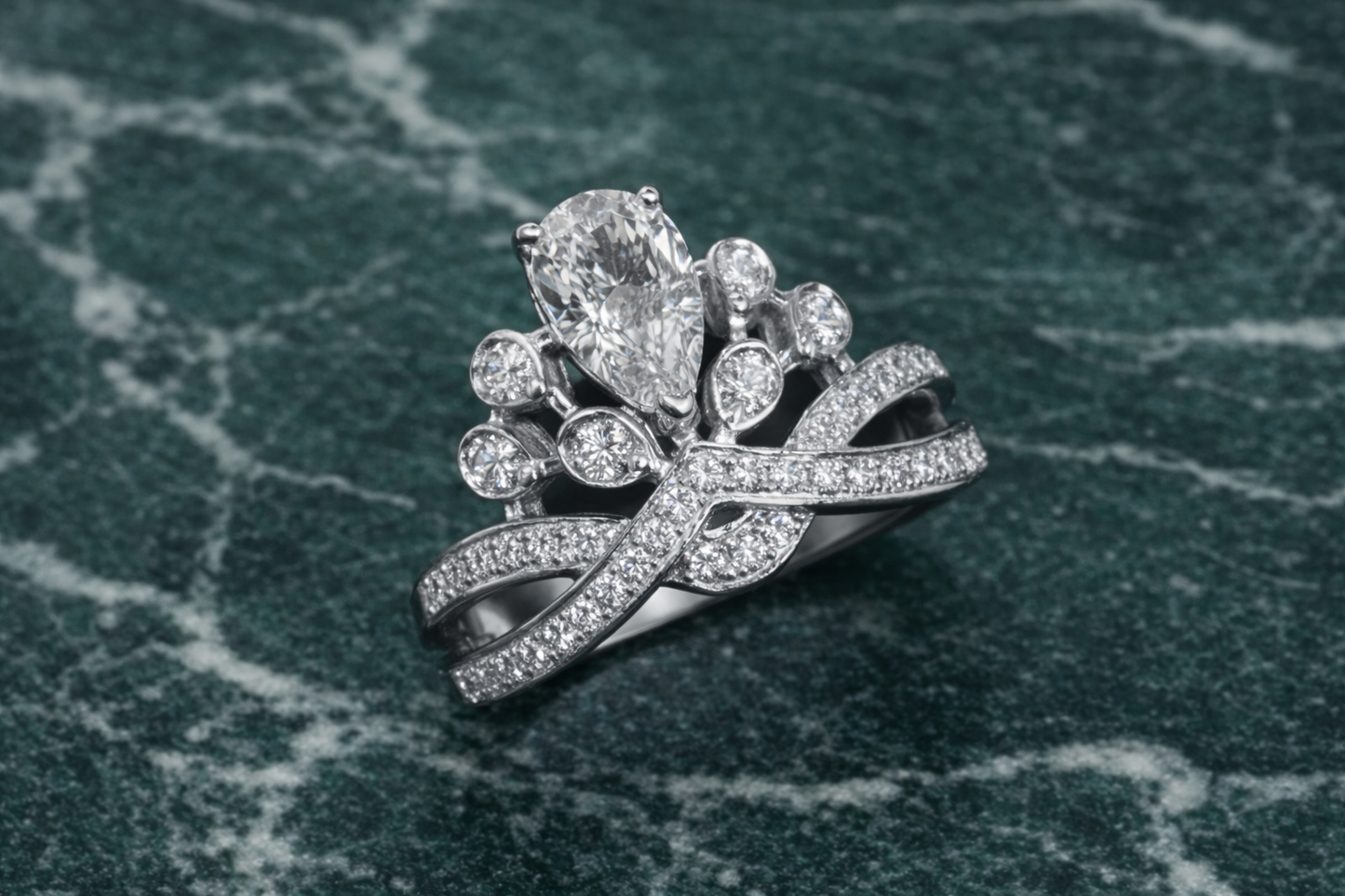 14k White Gold Tiara Engagement Ring with Pear Cut Diamond
