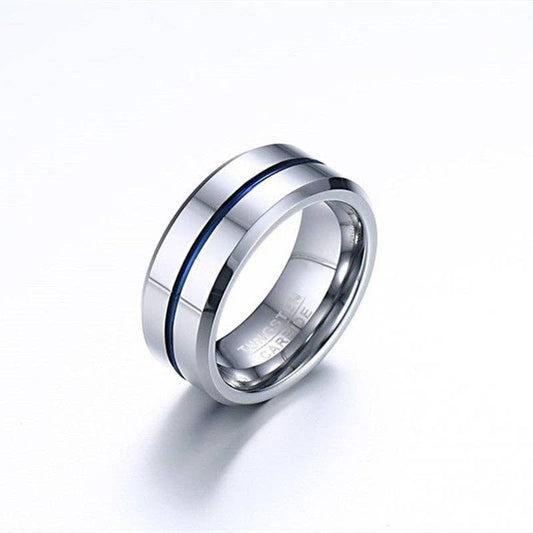 Silver + Blue Classic Minimalist 8mm Stacking Band Ring in Tungsten Steel