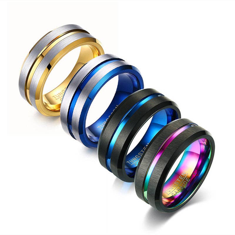 Black + Blue Classic Minimalist 8mm Stacking Band Ring in Tungsten Steel