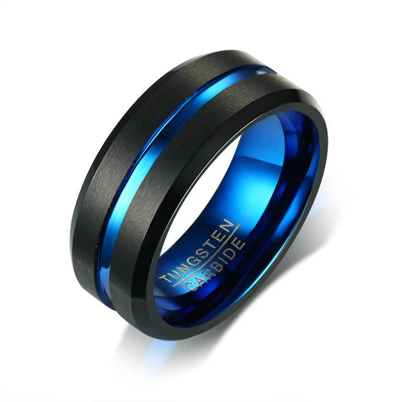 Black + Blue Classic Minimalist 8mm Stacking Band Ring in Tungsten Steel