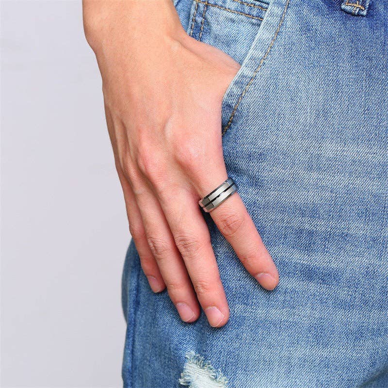 Black + Blue Classic Minimalist 8mm Stacking Band Ring in Tungsten Steel